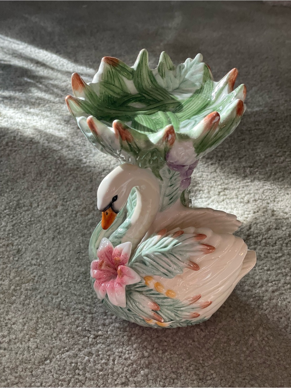 Vintage Fitz & Floyd Porcelain Floral Swan Candle Holder